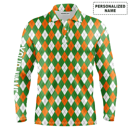 Custom Golf Long Sleeve Men Polo Shirt - Custom Name Green Orange White St. Patricks Day Argyle Plaid Pattern Apparel For Men, Golf Lover