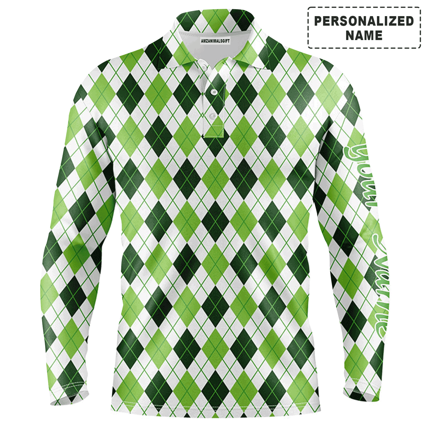 Custom Golf Long Sleeve Men Polo Shirt, Custom Name Green Argyle St Patrick's Day Pattern Apparel - Perfect Gift For Men, Golf Lover