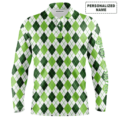 Custom Golf Long Sleeve Men Polo Shirt, Custom Name Green Argyle St Patrick's Day Pattern Apparel - Perfect Gift For Men, Golf Lover