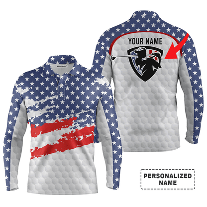 Custom Golf Long Sleeve Men Polo Shirt - American Flag Custom Name And Logo Team Golf Men Polo Shirt For Golf Lover