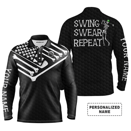 Custom Golf Long Sleeve Men Polo Shirt - Skeleton American Flag Black White, Swing Swear Repeat Polo Shirt - Personalized Gift For Golf Lover, Men