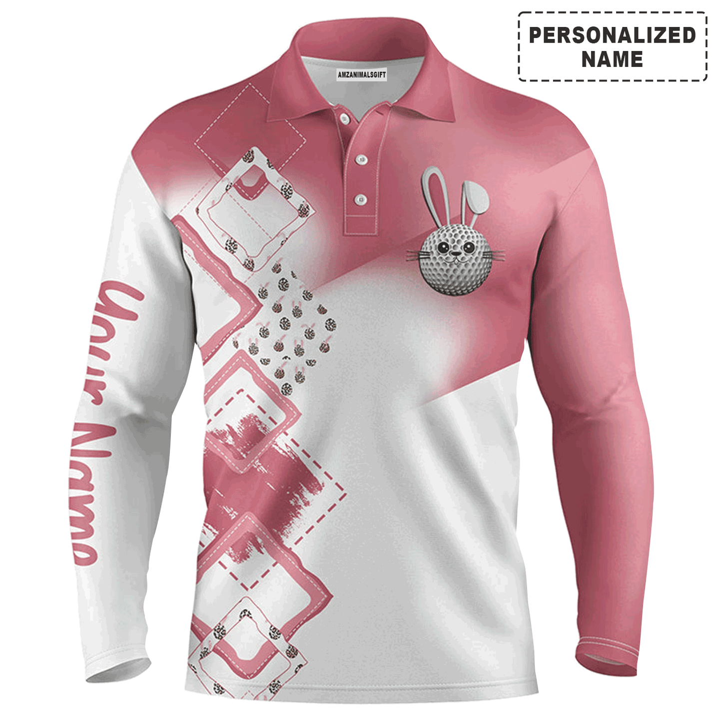 Custom Golf Long Sleeve Men Polo Shirt - Custom Name Pink Easter Eggs Bunny Apparel - Personalized Easter Gift For Men, Golf Lover