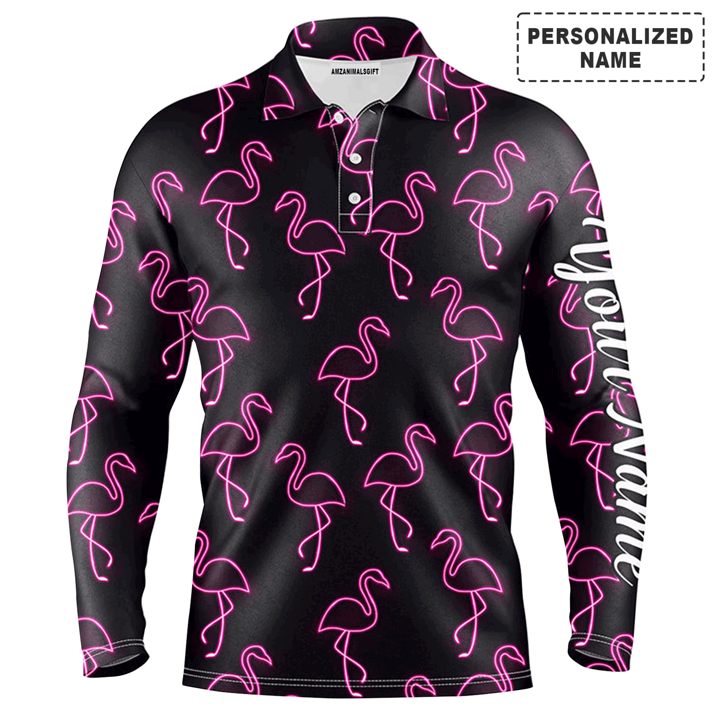 Custom Golf Long Sleeve Men Polo Shirt - Custom Name Neon Pink Flamingos Pattern Apparel Polo Shirt - Personalized Gift For Golf Lover, Team, Husband
