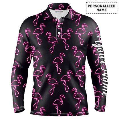 Custom Golf Long Sleeve Men Polo Shirt - Custom Name Neon Pink Flamingos Pattern Apparel Polo Shirt - Personalized Gift For Golf Lover, Team, Husband