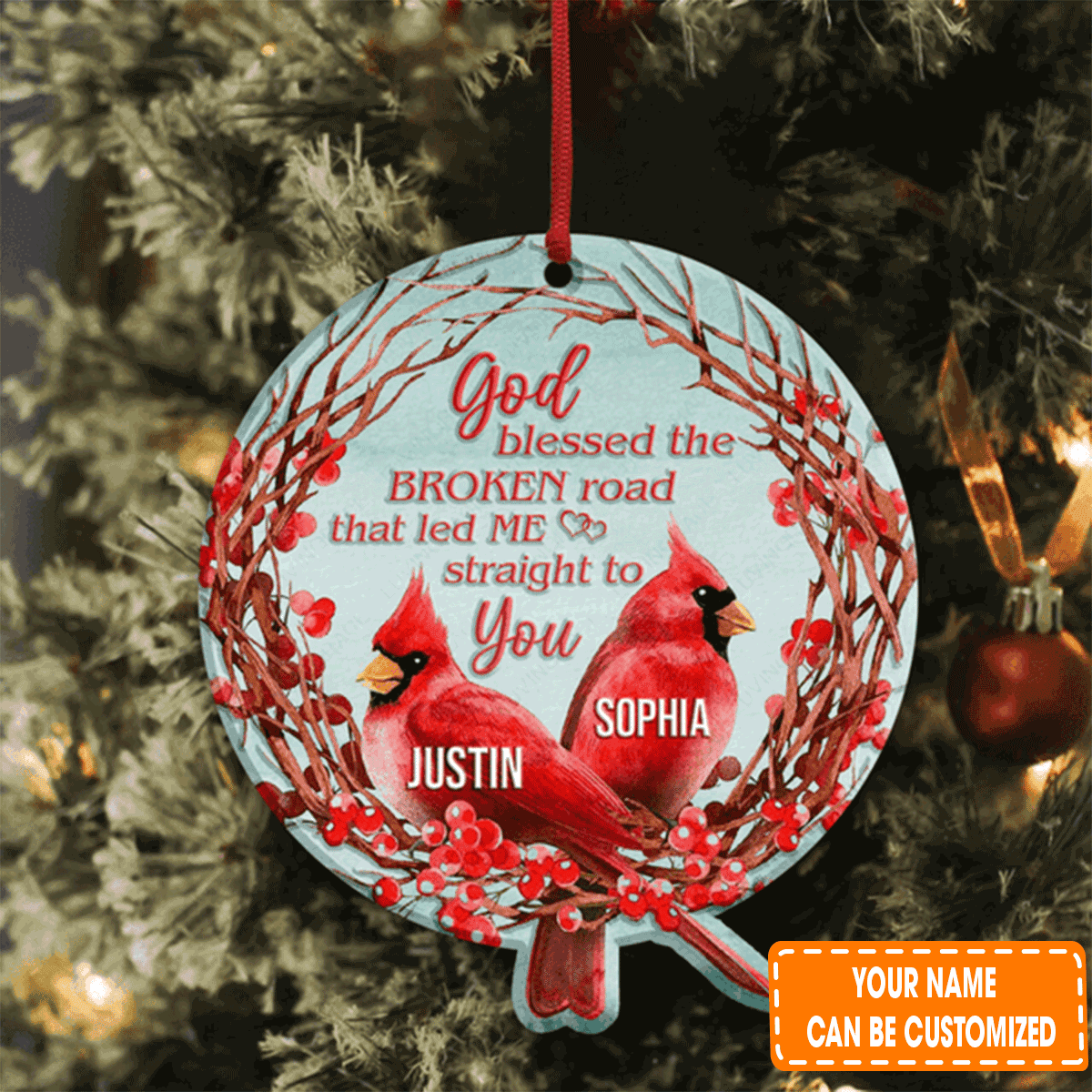 Custom Jesus Acrylic Ornament, Personalized Christmas Floral Cardinal Couple God Blessed Acrylic Ornament For Christian, Holiday Decor