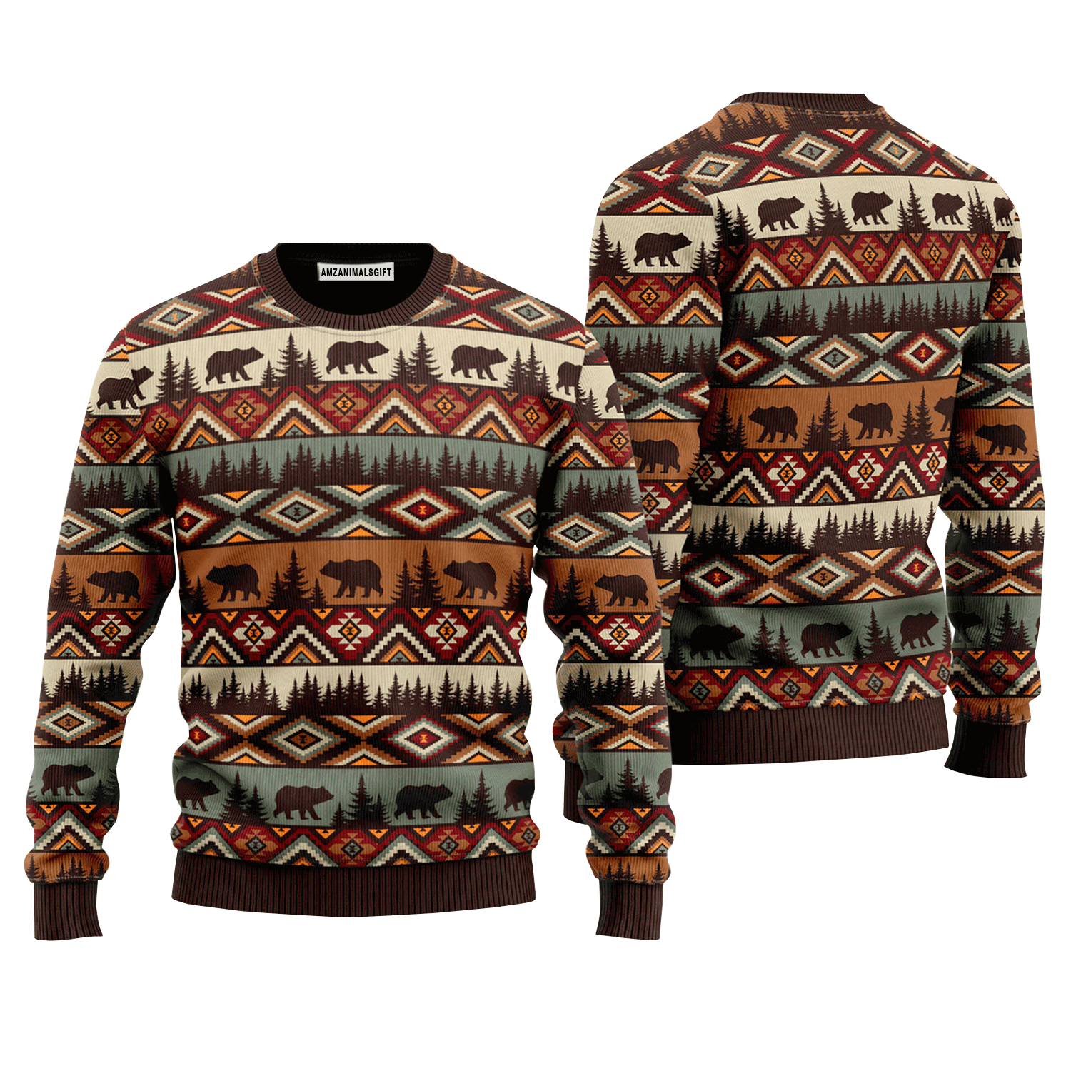 Brown Tribal Bear And Fir Tree Sweater, Ugly Christmas Sweater For Men & Women, Perfect Outfit For Christmas New Year Autumn Winter