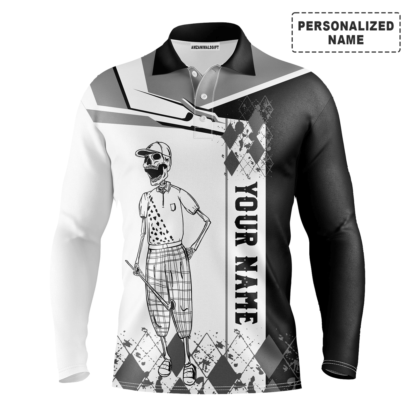 Custom Golf Long Sleeve Men Polo Shirt - Custom Name Black White Skull Apparel Men Polo Shirt - Personalized Gift For Golf Lover, Team, Golfer
