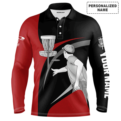Custom Disc Golf Long Sleeve Men Polo Shirt-Custom Name Red And Black Disc Golf Apparel-Personalized Gift For Men, Disc Golf Lover