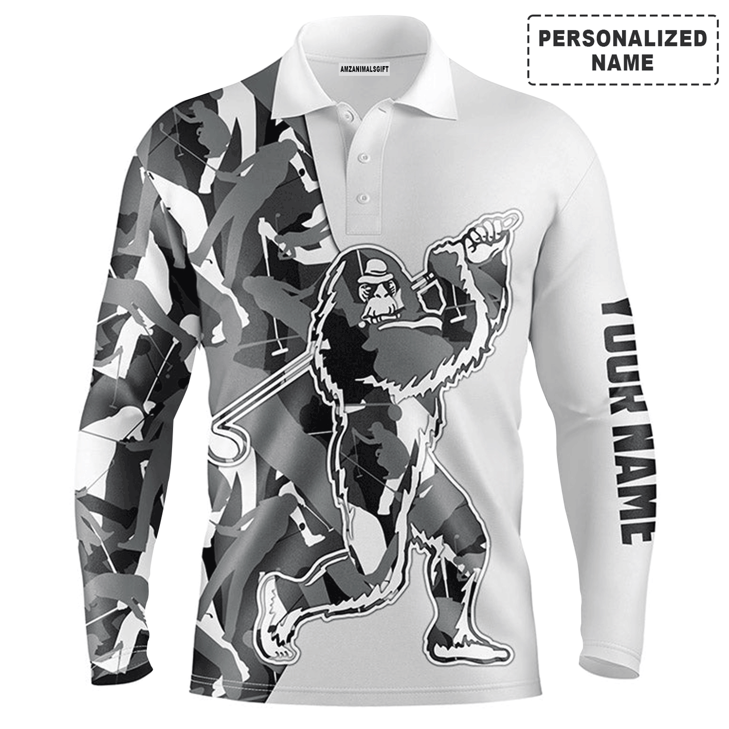 Custom Golf Long Sleeve Men Polo Shirt-Custom Gray Camo Pattern Sasquatch Playing Golf Apparel Men Polo Shirt For Men, Golf Lover