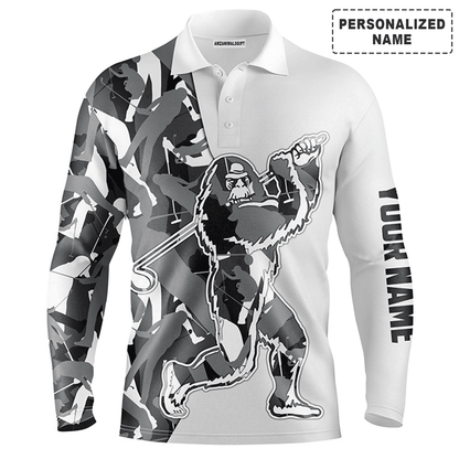 Custom Golf Long Sleeve Men Polo Shirt-Custom Gray Camo Pattern Sasquatch Playing Golf Apparel Men Polo Shirt For Men, Golf Lover
