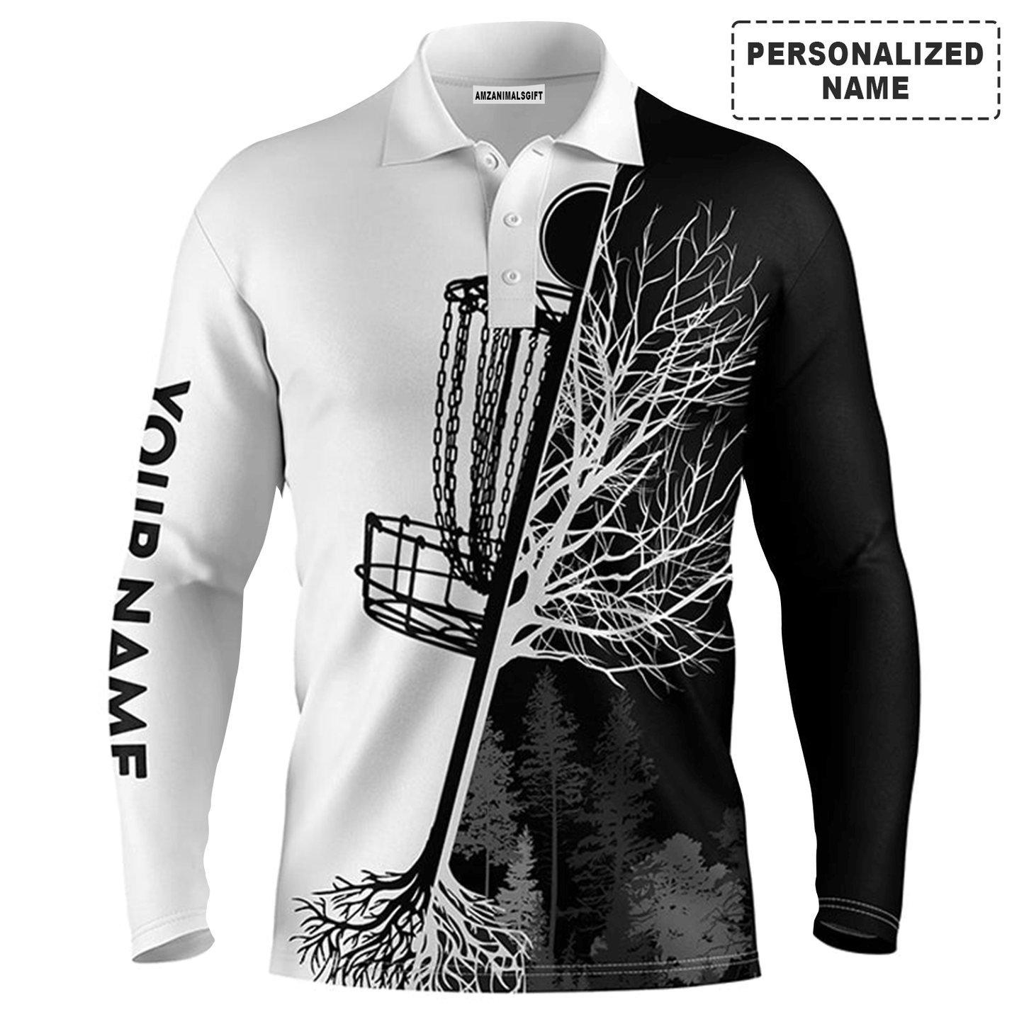 Custom Golf Long Sleeve Men Polo Shirt, Custom Name Black And White Disc Golf Basket Apparel - Perfect Gift For Men, Golf Lovers