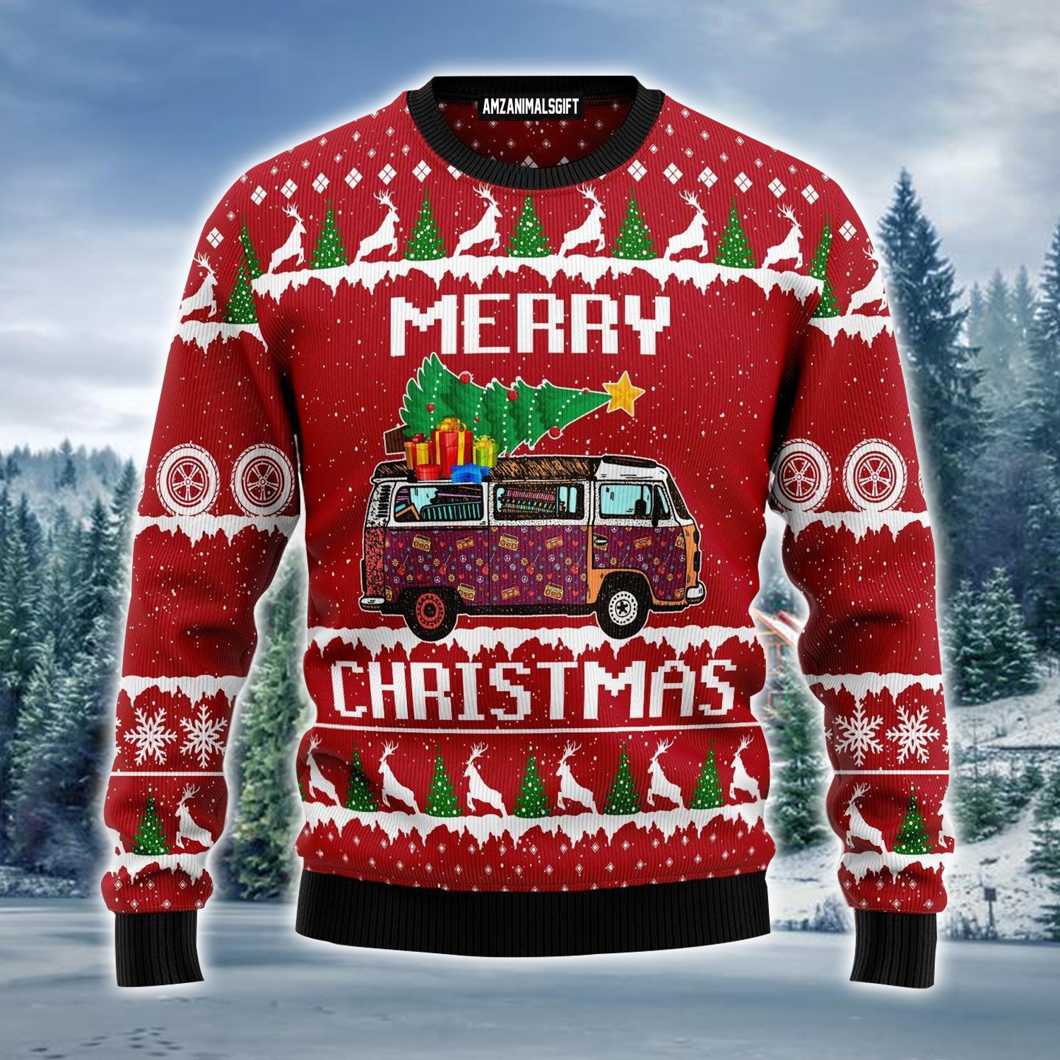 Hippie Car Ugly Sweater, Christmas Pattern Red Ugly Sweater For Men & Women, Perfect Gift For Christmas, Friends, Family