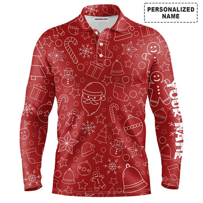 Custom Golf Long Sleeve Men Polo Shirt - Custom Name Beautiful Red Xmas Pattern, Christmas Apparel Sports Gifts For Men, Golf Lover