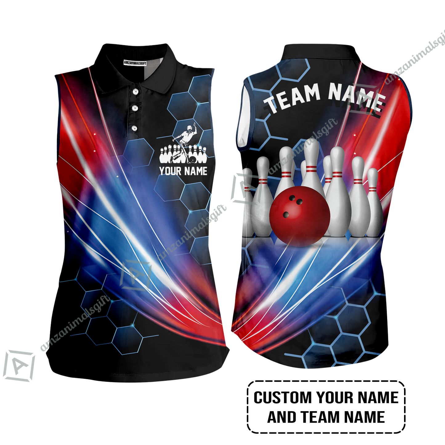 Personalized Bowling Men Long Polo Shirt - Custom Name & Team Name Honeycomb Pattern Bowling Long Polo Shirt For Men & Women Bowling Lover