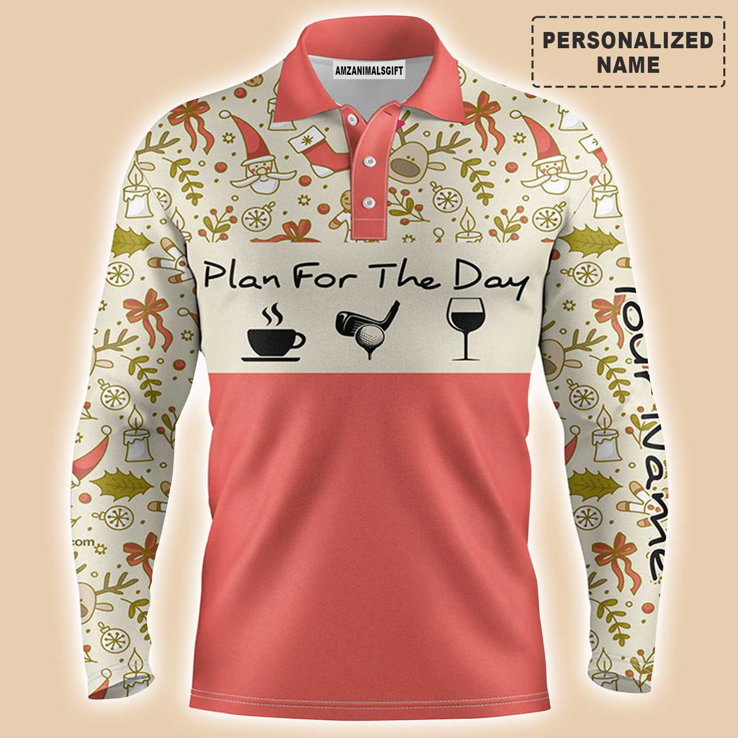 Custom Golf Long Sleeve Men Polo Shirt - Lovely Christmas Pattern Custom Name Apparel, Plan For The Day Coffee Golf Men Polo Shirt - Perfect Polo Shirt For Men