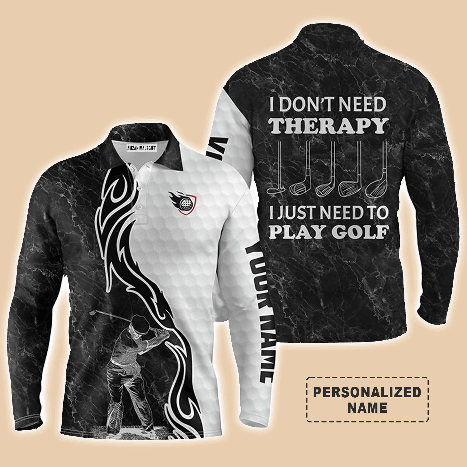 Custom Golf Long Sleeve Men Polo Shirt - I Don't Need Therapy, I Just Need To Play Golf Men Black White Golf Polo Shirt - Perfect Polo Shirt For Men