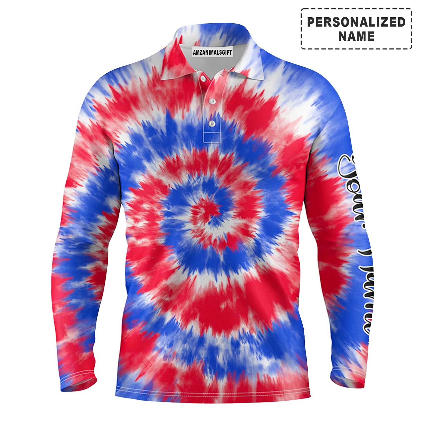 Golf Long Sleeve Men Polo Shirt - Red And Blue Tie Dye Background Custom Name Golf Men Polo Shirt - Personalized Gift For Golf Lover, Team, Golfer, Husband, Boyfriend