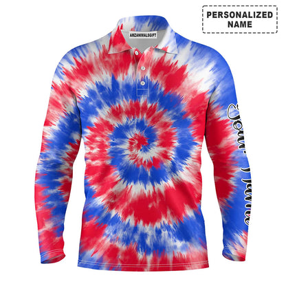 Golf Long Sleeve Men Polo Shirt - Red And Blue Tie Dye Background Custom Name Golf Men Polo Shirt - Personalized Gift For Golf Lover, Team, Golfer, Husband, Boyfriend