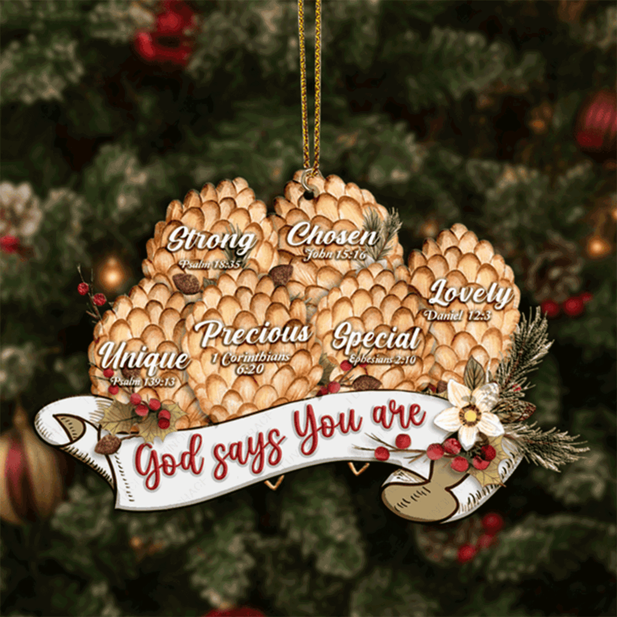 Jesus Acrylic Ornament, Vintage Ribbon Christmas Pinecone Floral God Says You Are Acrylic Ornament For Christian, God Faith Believers
