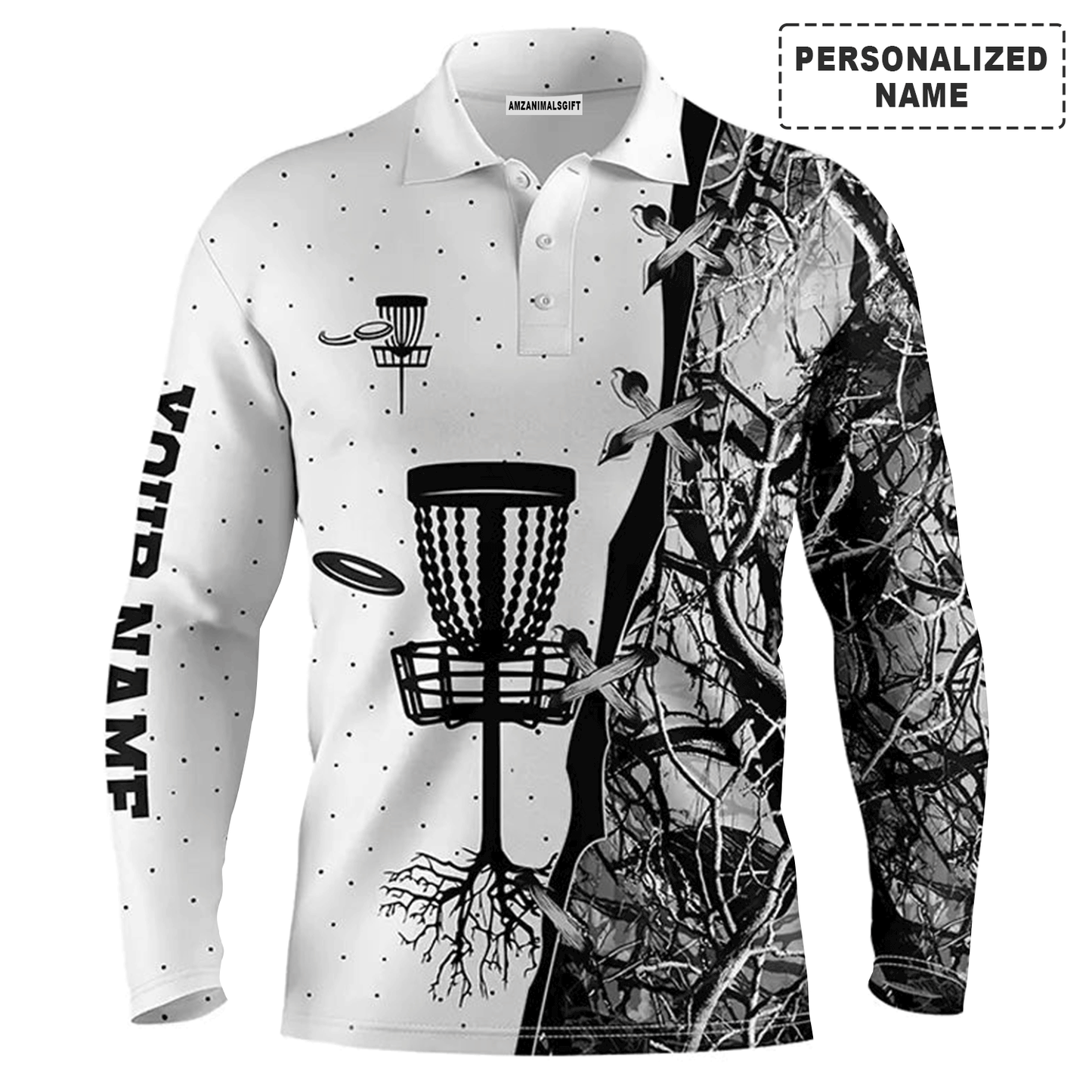 Custom Disc Golf Long Sleeve Men Polo Shirt -  Custom Name Blue Black Camo Disc Golf Basket Apparel Men Polo Shirt For Men, Disc Golf Lover