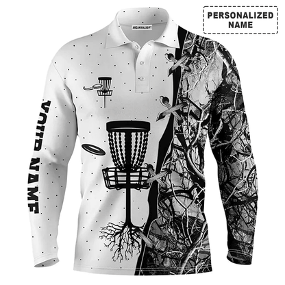 Custom Disc Golf Long Sleeve Men Polo Shirt -  Custom Name Blue Black Camo Disc Golf Basket Apparel Men Polo Shirt For Men, Disc Golf Lover