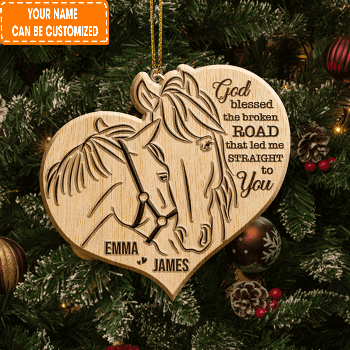 Custom Jesus Acrylic Ornament, Personalized Farm Love Horse Couple God Blessed Wood Engraved Acrylic Ornament For Christian, Holiday Decor