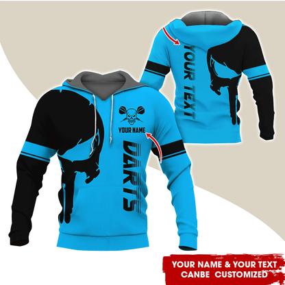 Customized Name & Text Darts Skull Premium Hoodie, Skull & Darts Pattern Hoodie, Perfect Gift For Darts Lovers, Friend, Family