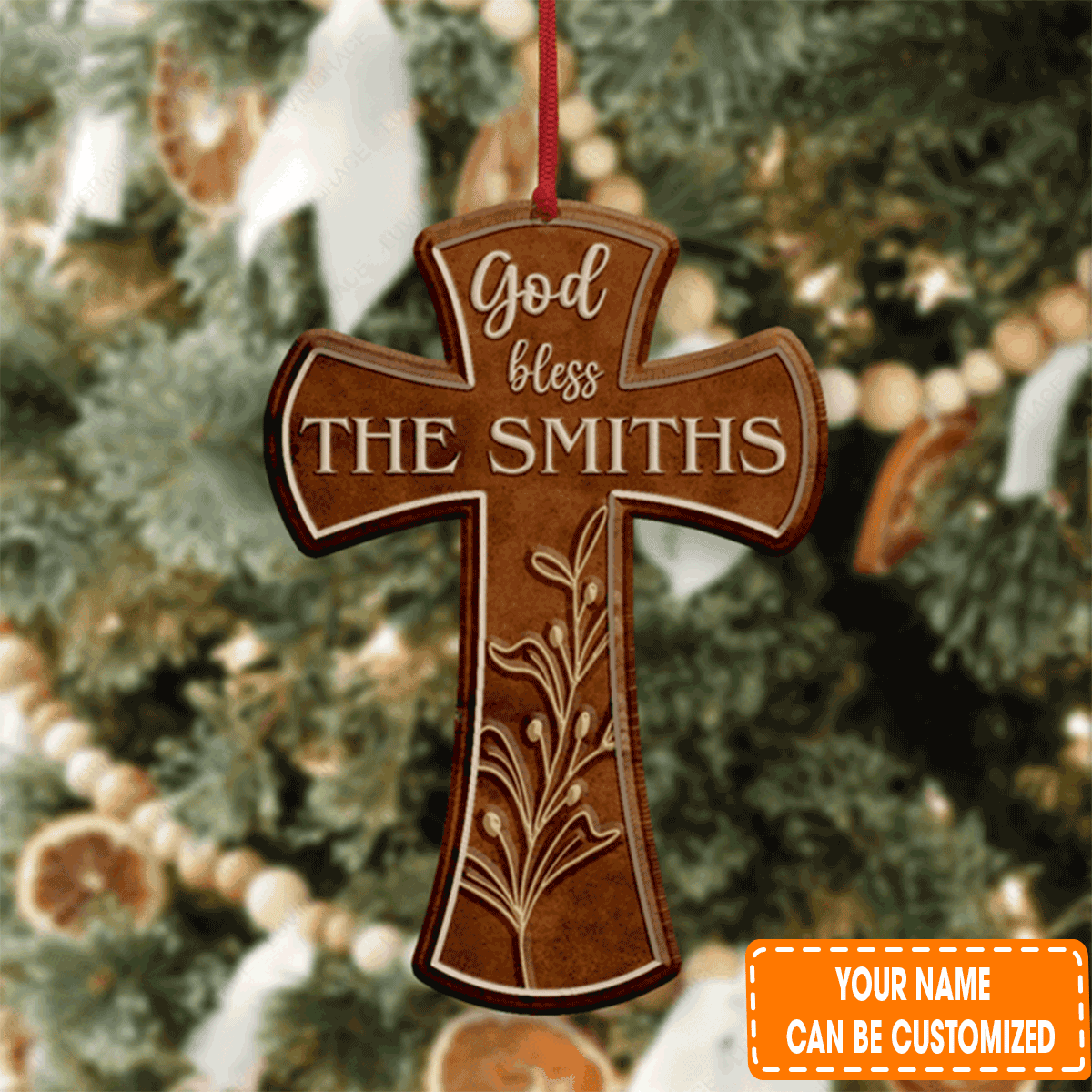 Custom Jesus Acrylic Ornament, Personalized Vintage Cross God Blessed Family Name Acrylic Ornament For Christian, Holiday Decor