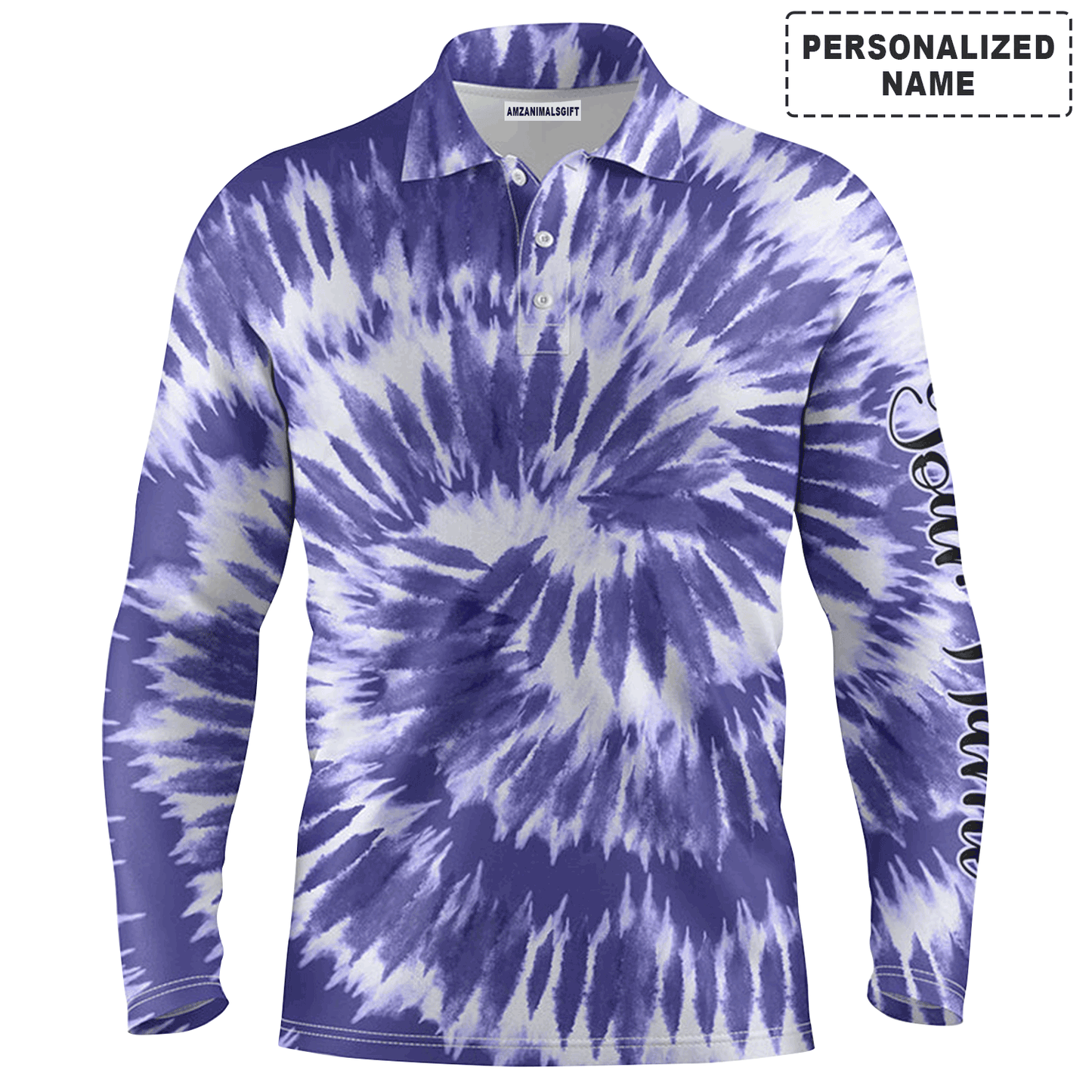 Custom Golf Long Sleeve Men Polo Shirt-Custom Name Violet Purple Tie Dye Background Apparel Men Golf Polo Shirt For Men,Golf Lover