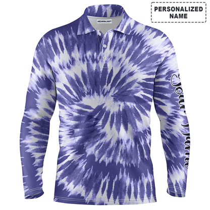 Custom Golf Long Sleeve Men Polo Shirt-Custom Name Violet Purple Tie Dye Background Apparel Men Golf Polo Shirt For Men,Golf Lover