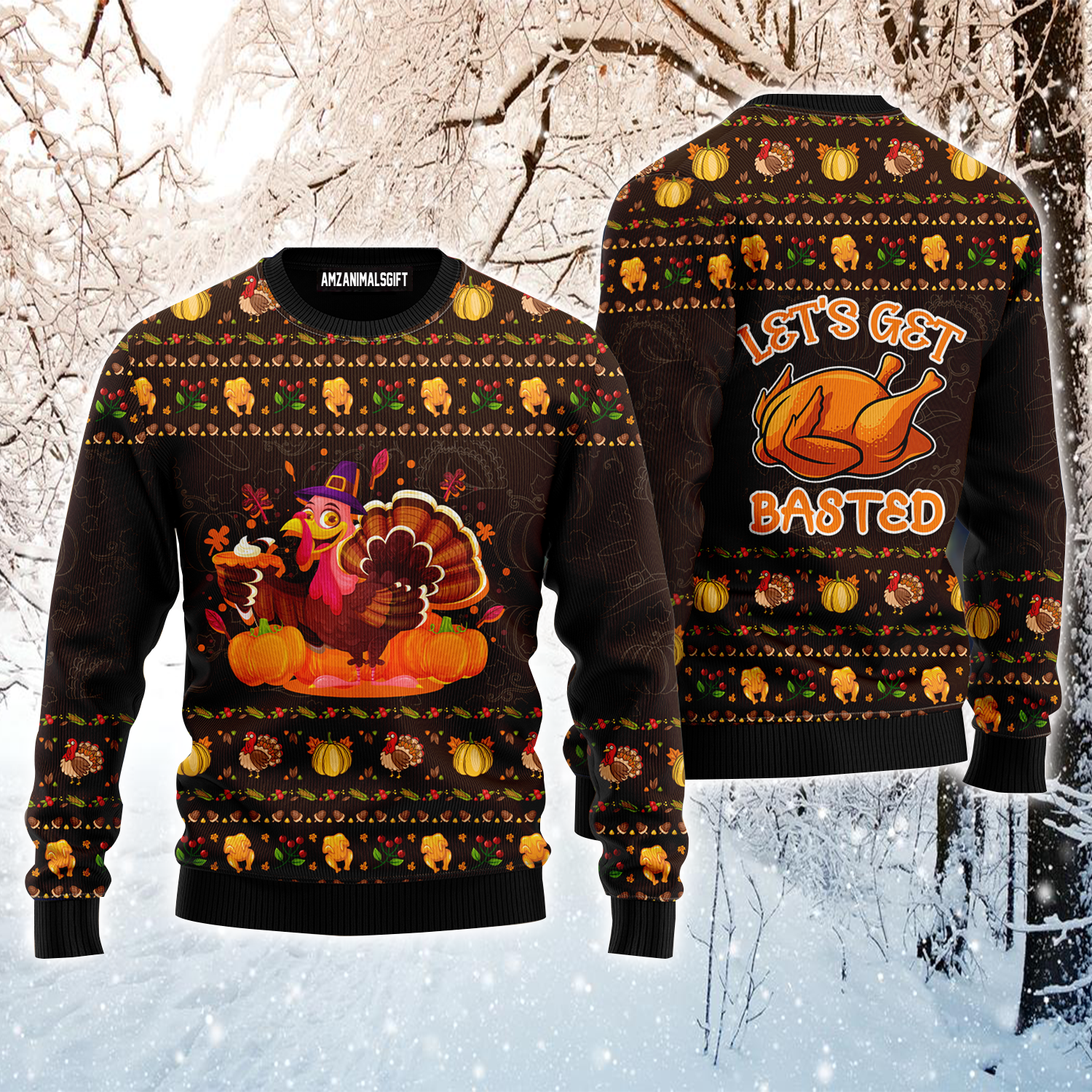 Thanksgiving Ugly Sweater, Lets Get Basted Turkey Ugly Sweater, Funny Chicken Pattern Brown Sweater For Men & Women, Perfect Gift For Friends, Family