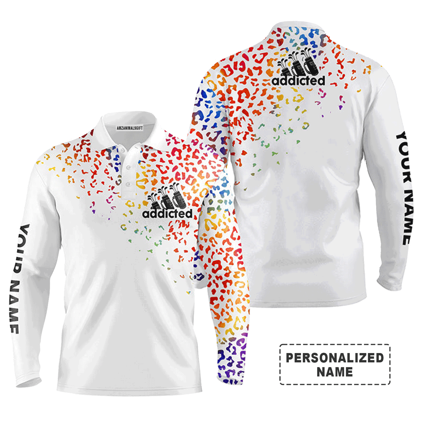 Custom Golf Long Sleeve Men Polo Shirt - Watercolor Leopard Addicted Custom Name Apparel - Personalized Gift For Men, Golf Lover