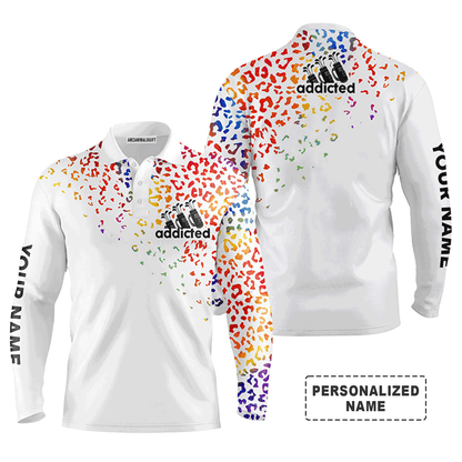 Custom Golf Long Sleeve Men Polo Shirt - Watercolor Leopard Addicted Custom Name Apparel - Personalized Gift For Men, Golf Lover