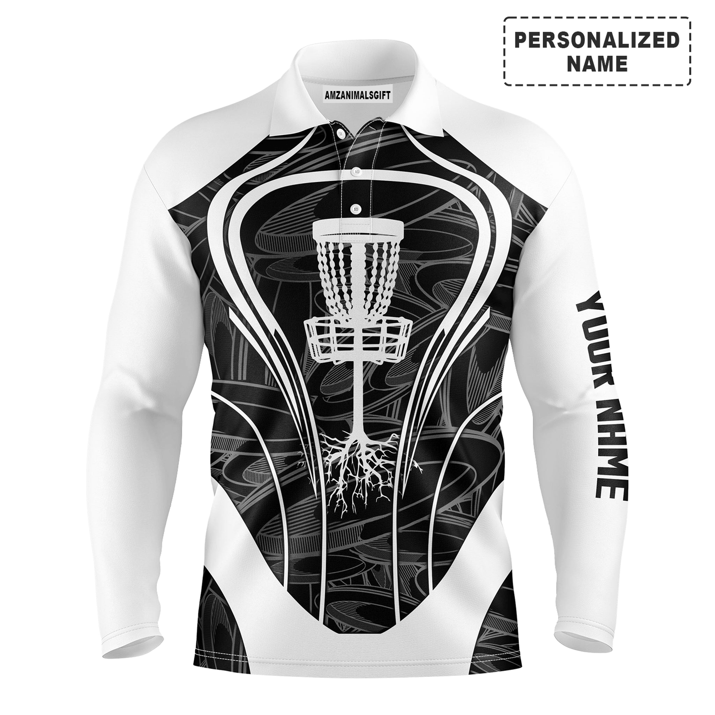 Custom Disc Golf Long Sleeve Men Polo Shirt -  Black And White Disc Golf Basket Custom Name Apparel - Personalized Gift For Disc Golf Lover, Family