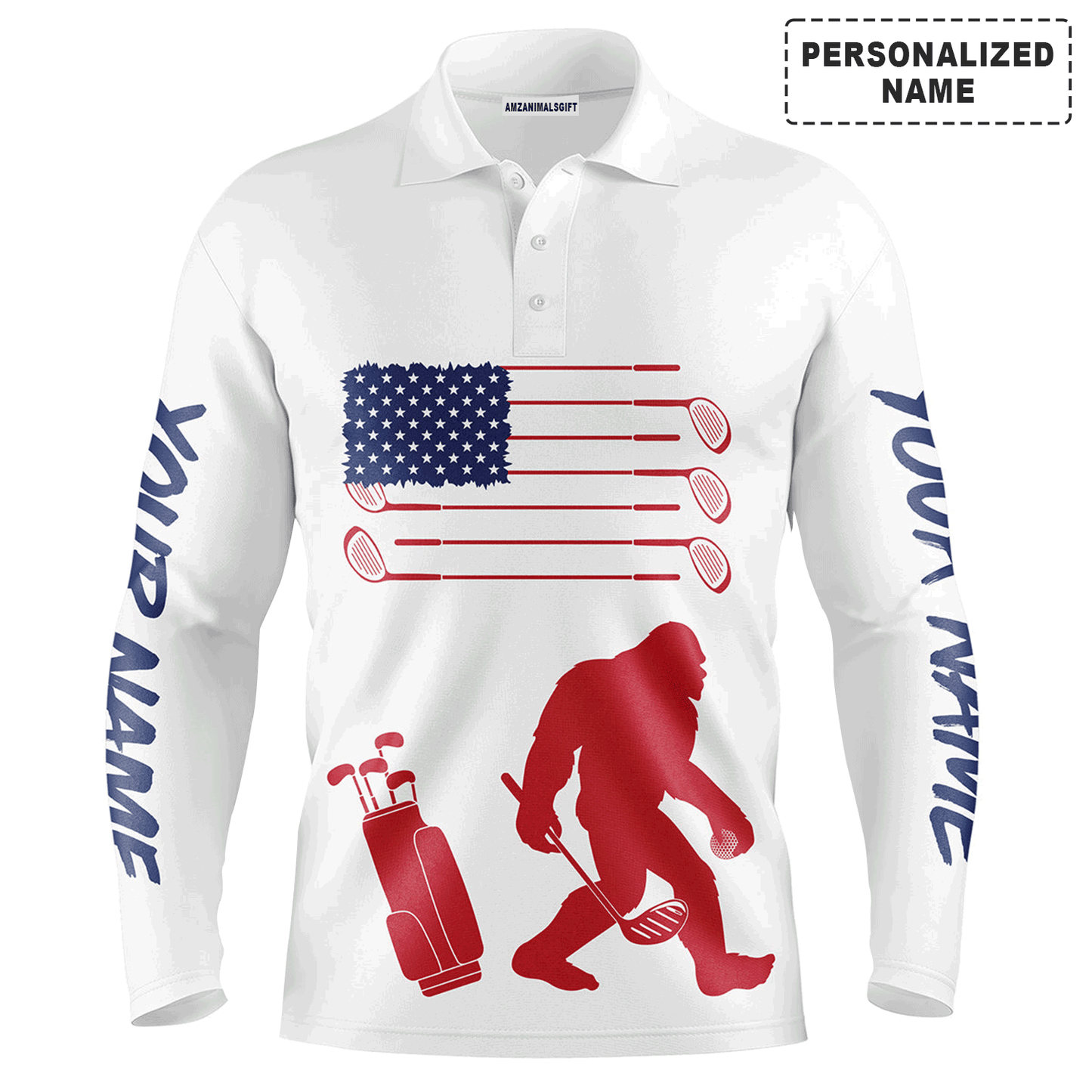 Custom Golf Long Sleeve Men Polo Shirt, Bigfoot Golf Custom Name Men Polo Shirt,Custom Name American Flag Bigfoot Patriotic Polo Shirt For Men