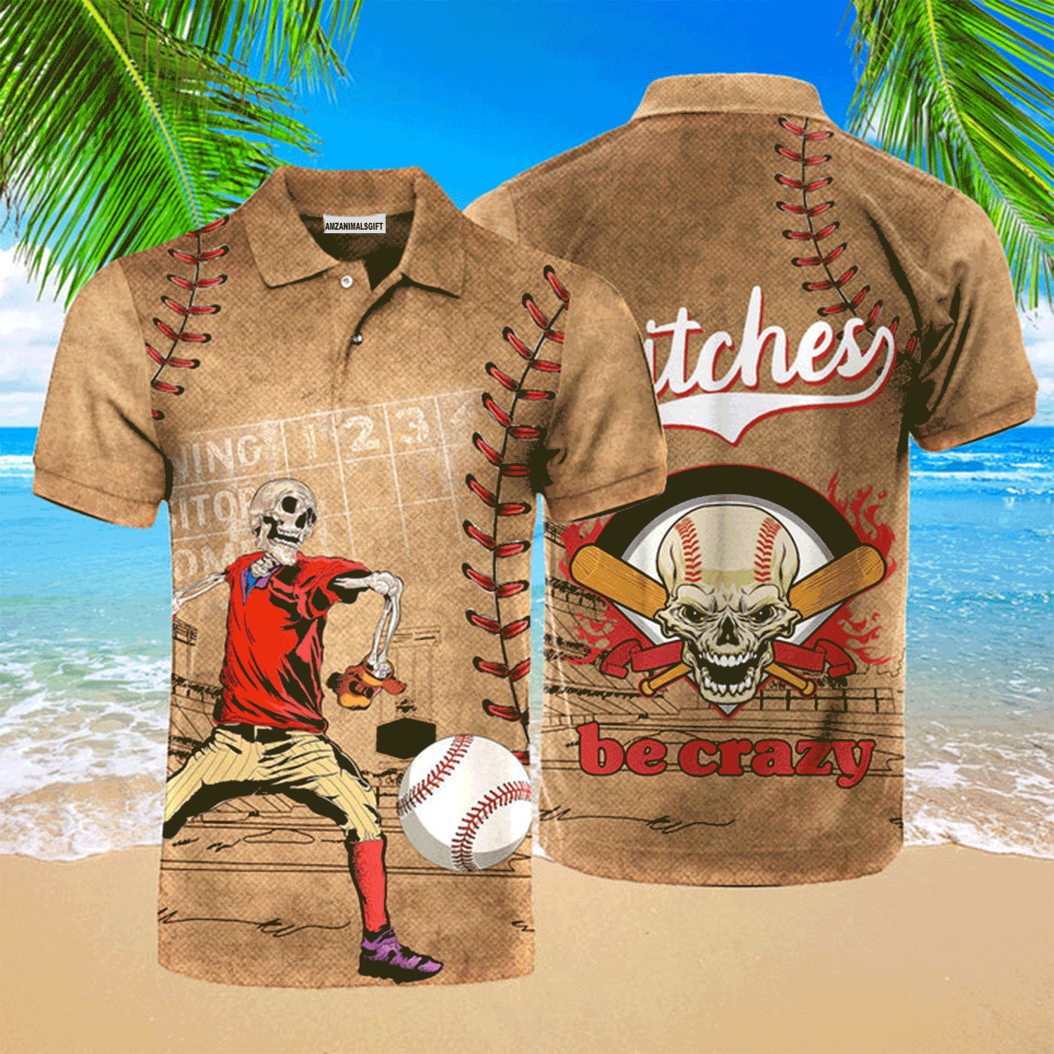 Baseball Men Polo Shirt, Baseball Skull Pitches Be Crazy Polo Shirt For Men, Perfect Polo Shirt For Baseball Lovers