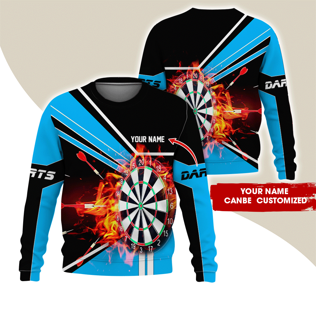 Customized Darts Sweatshirt, Personalized Name Darts Sweatshirt, Flaming Darts Pattern Sweatshirt, Perfect Gift For Darts Lovers, Darts Player