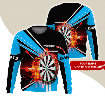 Customized Darts Sweatshirt, Personalized Name Darts Sweatshirt, Flaming Darts Pattern Sweatshirt, Perfect Gift For Darts Lovers, Darts Player