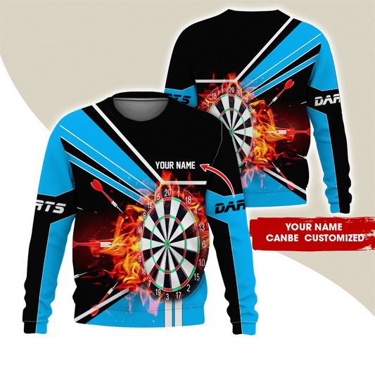 Customized Darts Sweatshirt, Personalized Name Darts Sweatshirt, Flaming Darts Pattern Sweatshirt, Perfect Gift For Darts Lovers, Darts Player