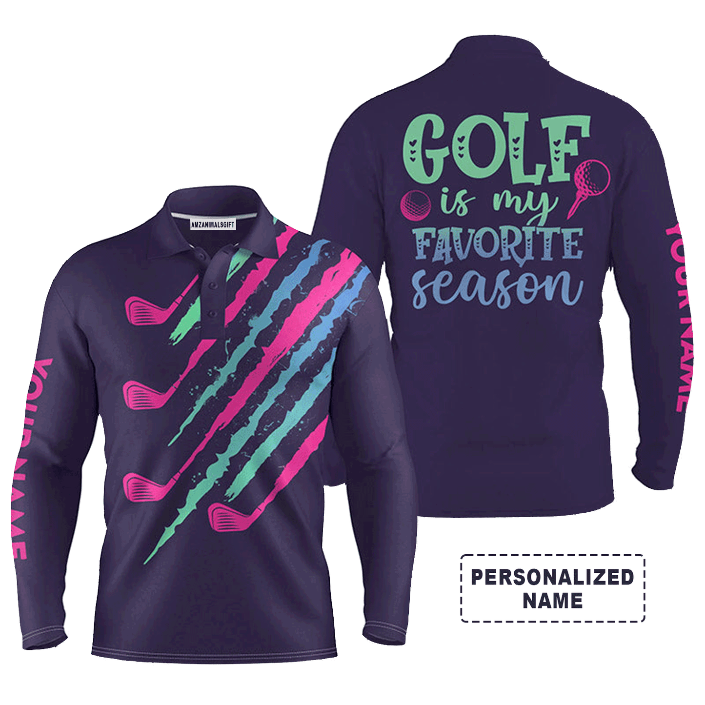 Custom Golf Long Sleeve Men Polo Shirt - Custom Name Golfing Purple , Golf Is My Favorite Season Men Polo Shirt, Perfect Polo Shirt For Men, Golfers