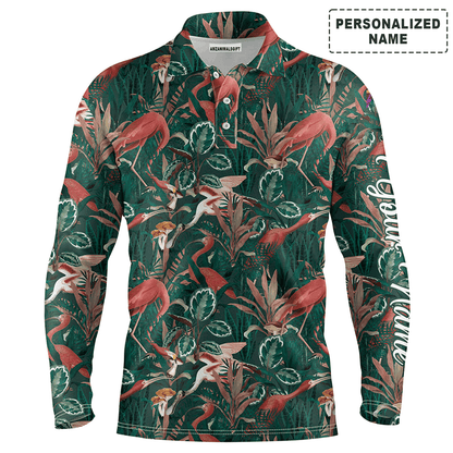 Golf Men Polo Shirt - Custom Name Flamingo Green Tropical Jungle Pattern Apparel - Personalized Gift For Golf Lover, Team, Husband, Boyfriend