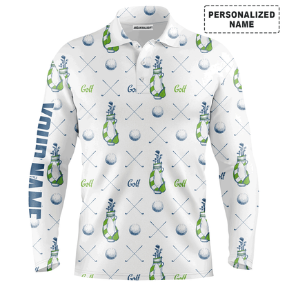 Custom Golf Long Sleeve Men Polo Shirt, Custom Name Golf bags Pattern Apparel Men Golf Polo Shirt - Perfect Gift For Men, Golf Lovers