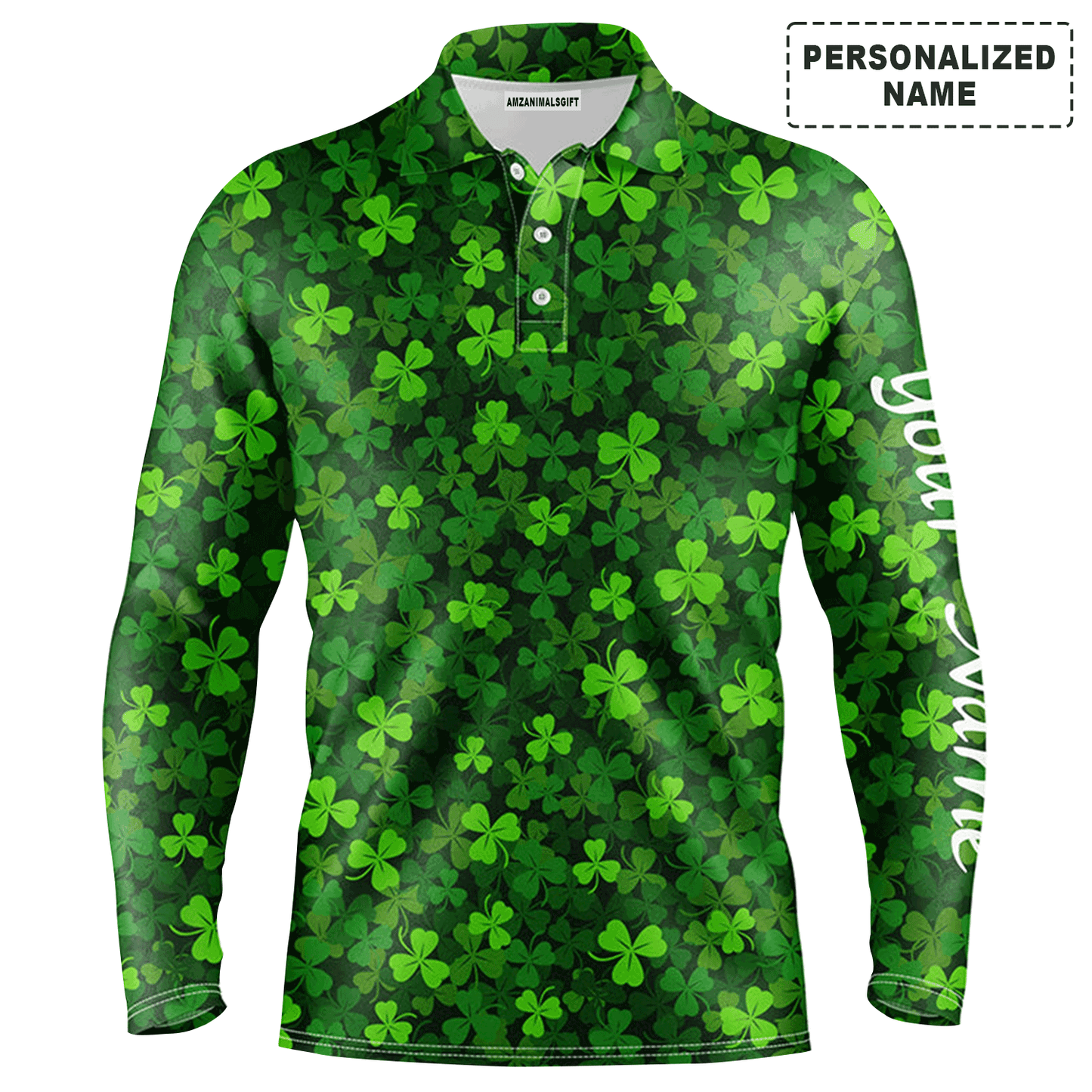 Custom Golf Long Sleeve Men Polo Shirt, Custom Name Green Clover St Patrick's Day Apparel - Personalized Gift For Men, Golf Lover