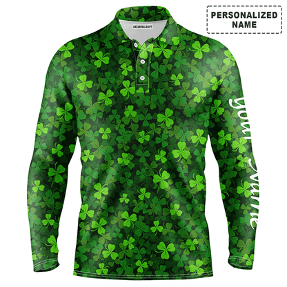 Custom Golf Long Sleeve Men Polo Shirt, Custom Name Green Clover St Patrick's Day Apparel - Personalized Gift For Men, Golf Lover