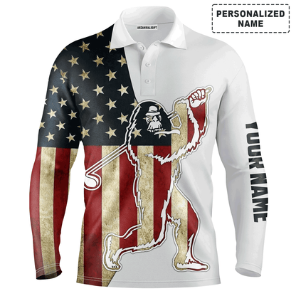 Custom Golf Long Sleeve Men Polo Shirt- Funny Bigfoot Golf Polo Shirts, Camo Pattern Sasquatch Playing Golf Apparel Men Polo Shirt For Golf Lover