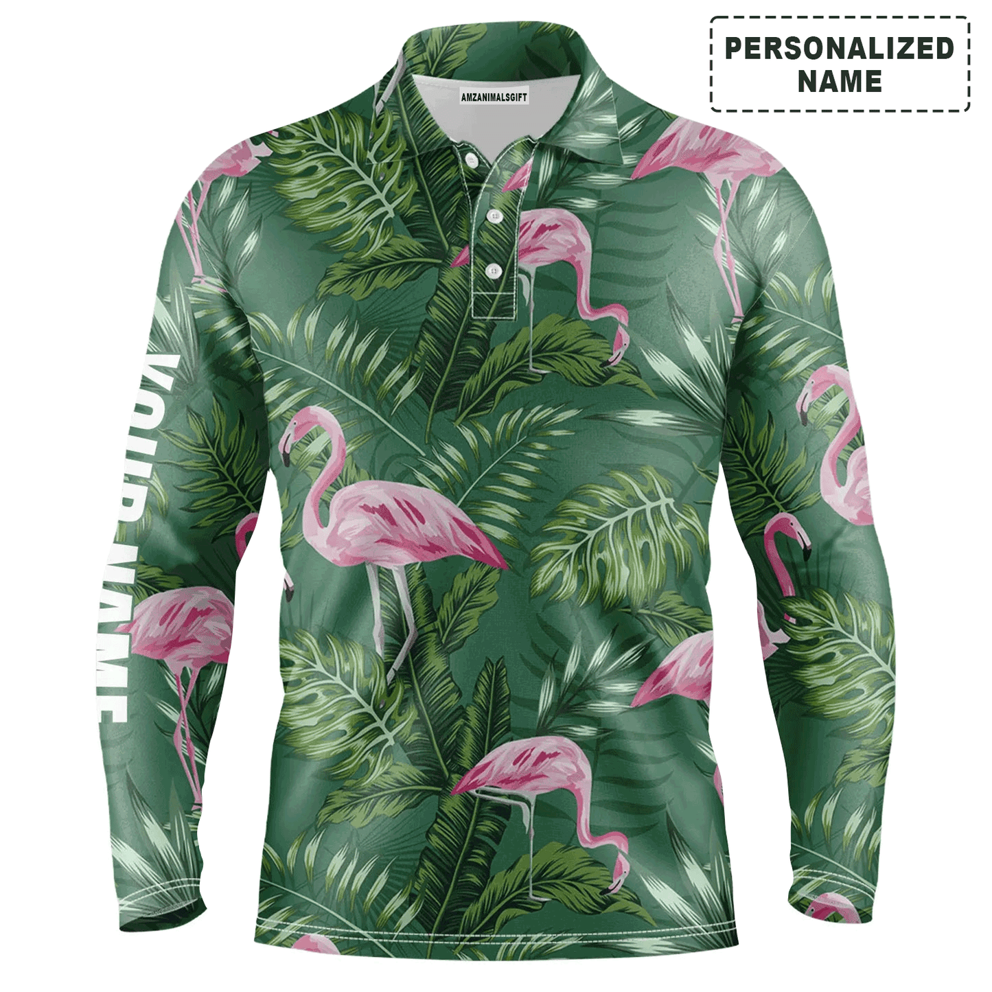 Custom Golf Long Sleeve Men Polo Shirt - Pink Flamingo Pattern Custom Name Apparel - Personalized Gift For Men, Golf Lover