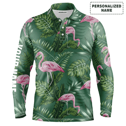 Custom Golf Long Sleeve Men Polo Shirt - Pink Flamingo Pattern Custom Name Apparel - Personalized Gift For Men, Golf Lover