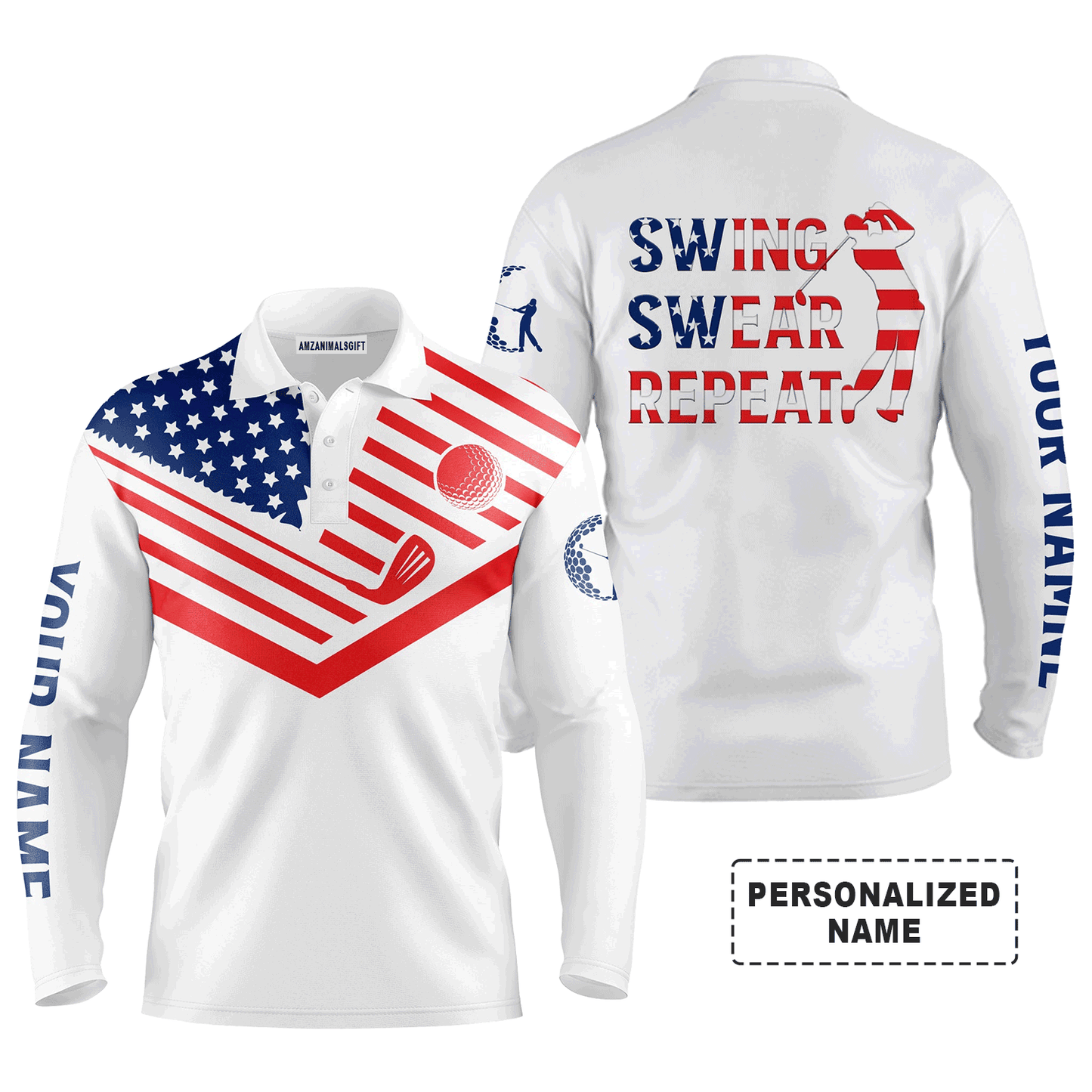 Custom Golf Long Sleeve Men Polo Shirt- American Flag 4th July , Swing Swear Repeat Men Polo Shirt - Perfect Polo Shirt For Men, Golf Lover