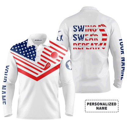 Custom Golf Long Sleeve Men Polo Shirt- American Flag 4th July , Swing Swear Repeat Men Polo Shirt - Perfect Polo Shirt For Men, Golf Lover
