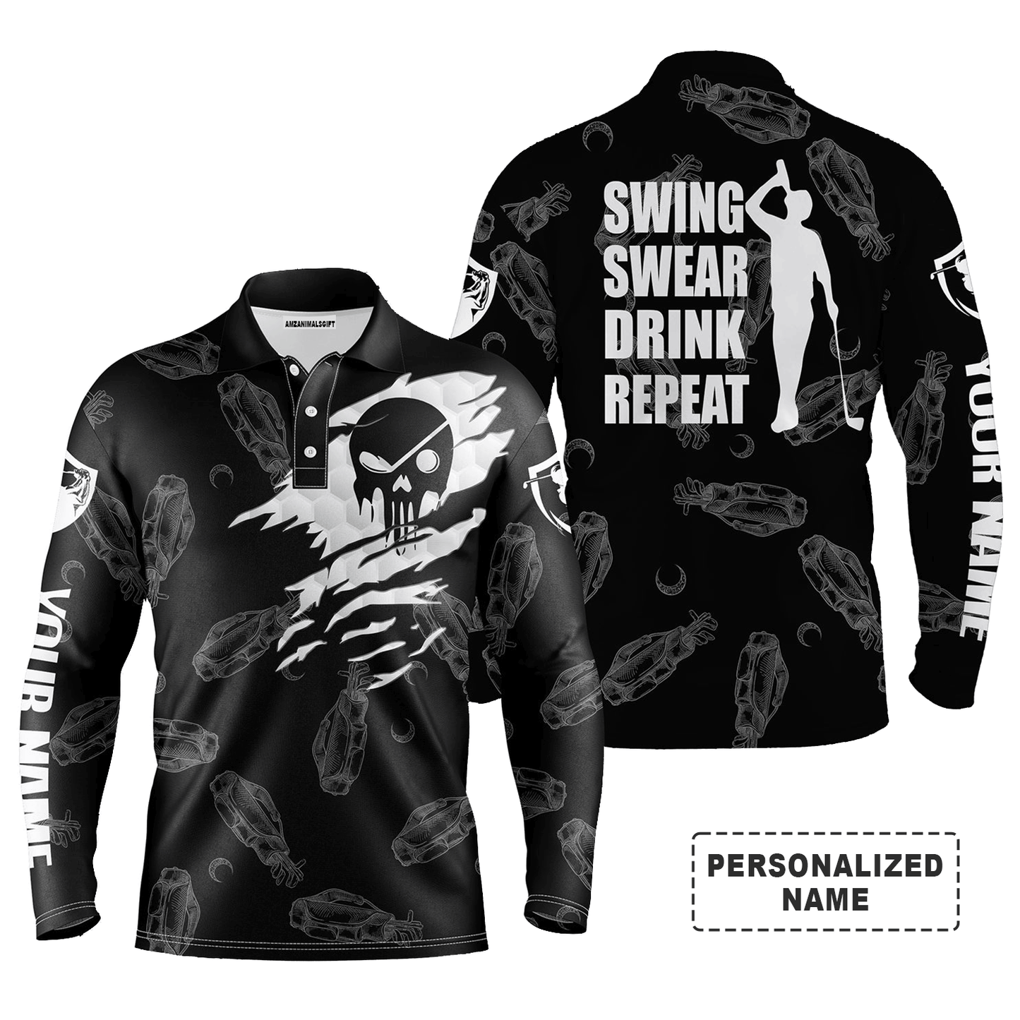 Golf Men Polo Shirts, Swing Swear Drink Repeat Custom Name Black Golf Clubs Pattern Apparel - Personalized Gift For Men, Husband, Boyfriend, Lovers
